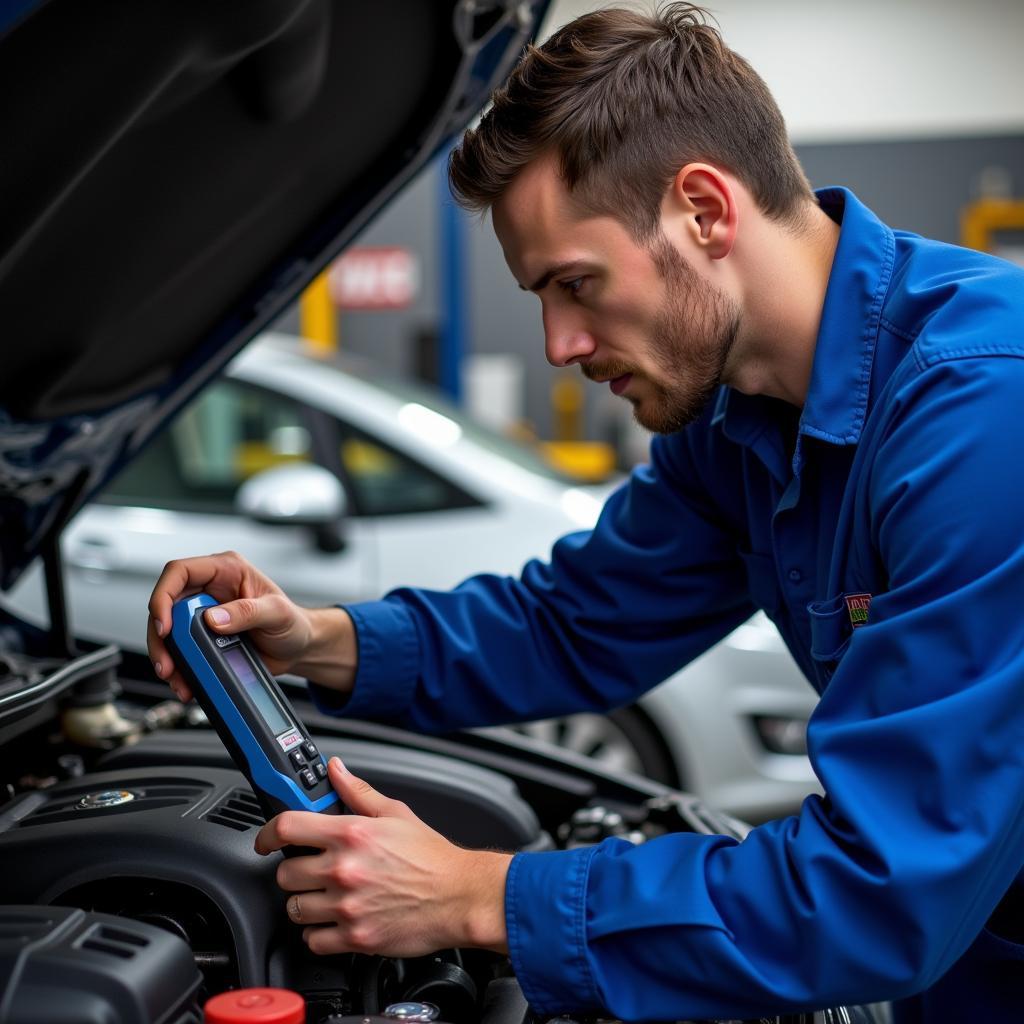 A mechanic inspects a car engine with a diagnostic tool