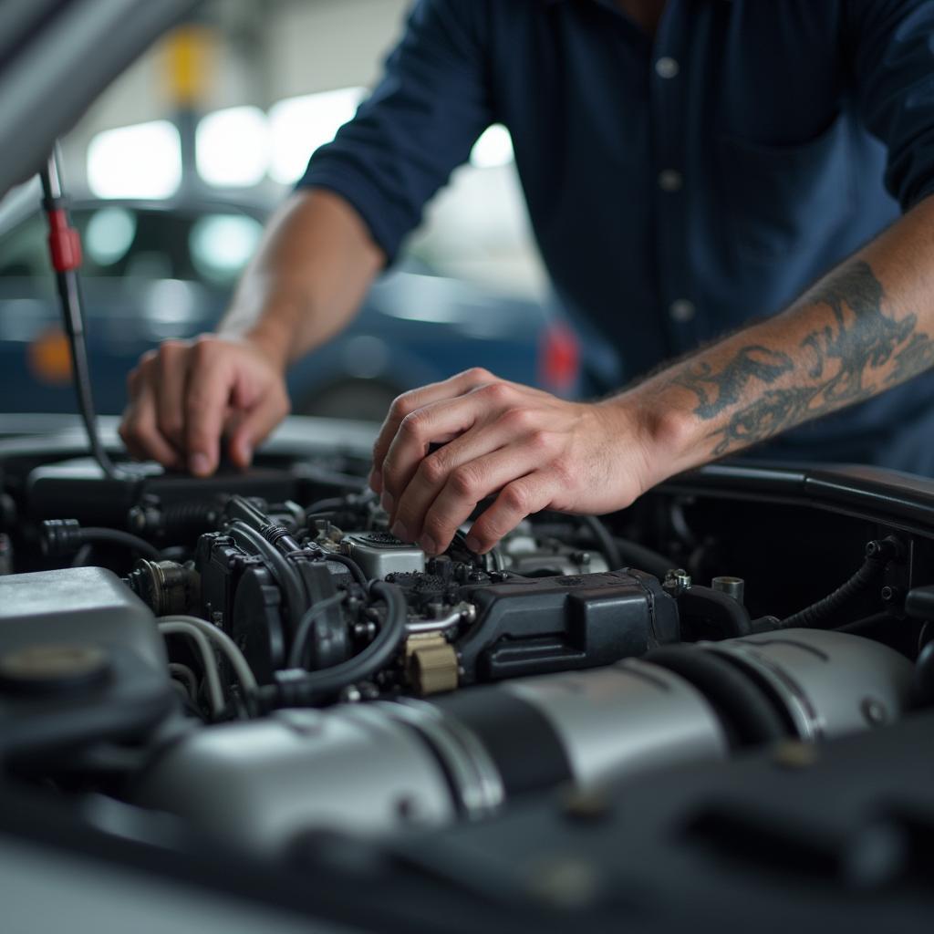 Mechanic Inspecting Car in Auto Shop