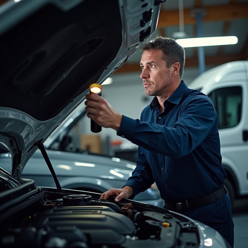 Reliable mechanic inspecting a car under the hood