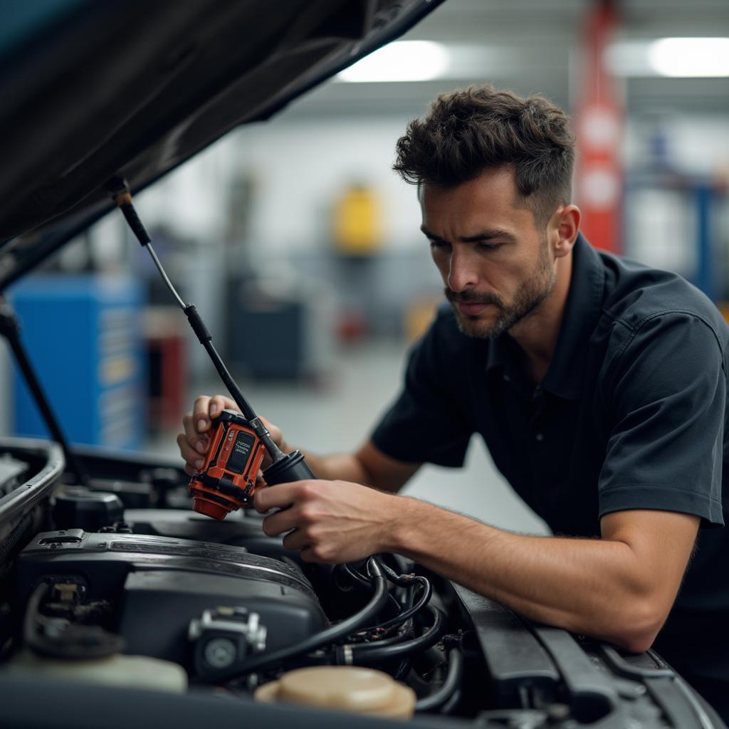 Mechanic inspecting a car engine with specialized tools.