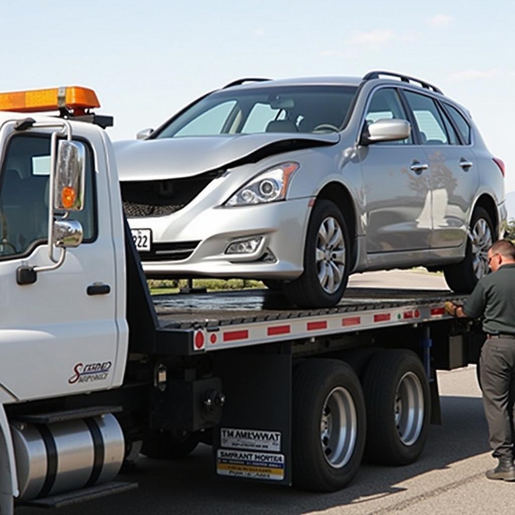 A tow truck operator securing a car in San Jose