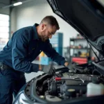 Mechanic inspecting a car engine in a valles auto service center