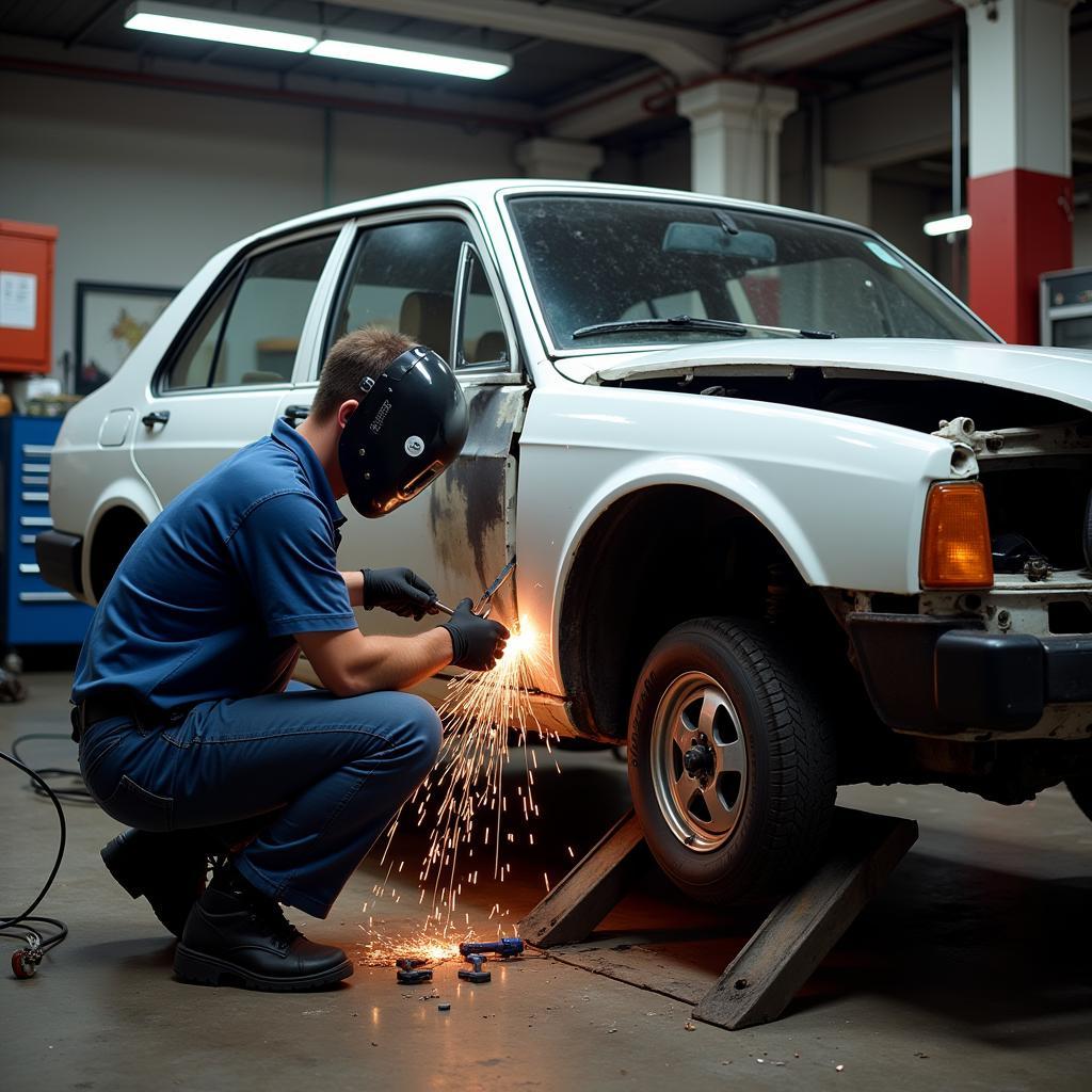 Repairing a totaled car in a workshop