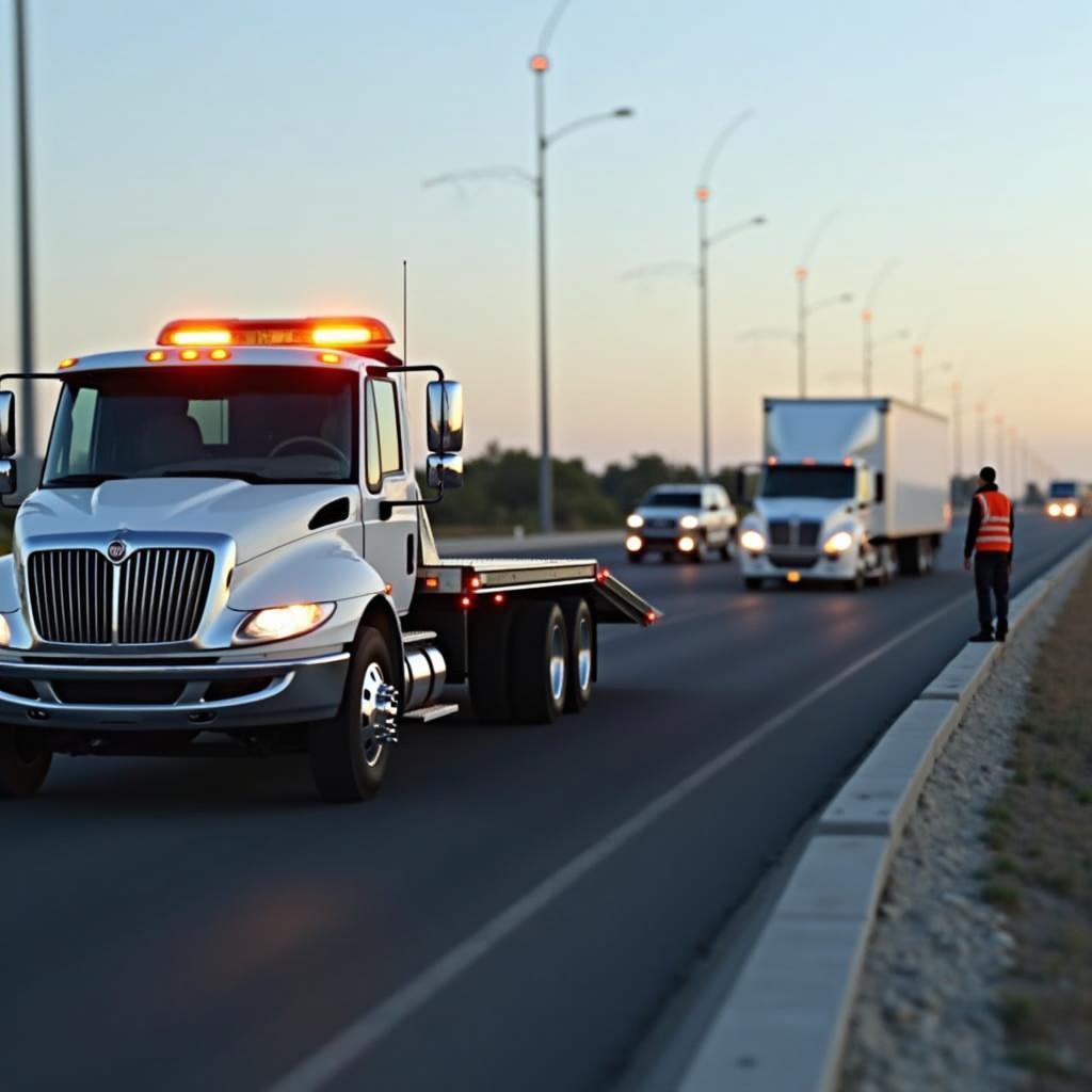 Tow truck assisting a stalled vehicle on a Riverside highway