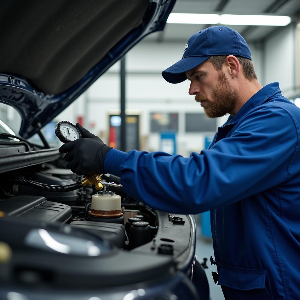 Mechanic inspecting car AC system