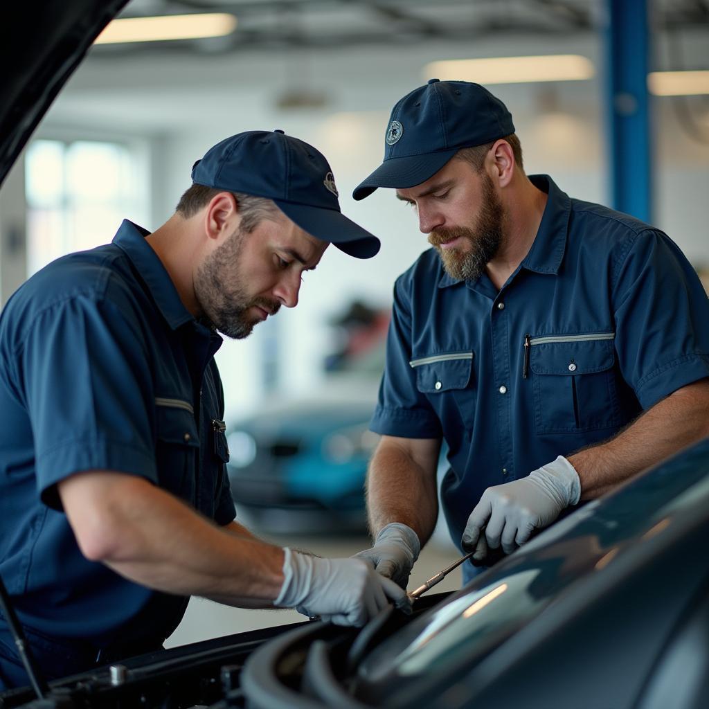 Skilled technicians performing car maintenance