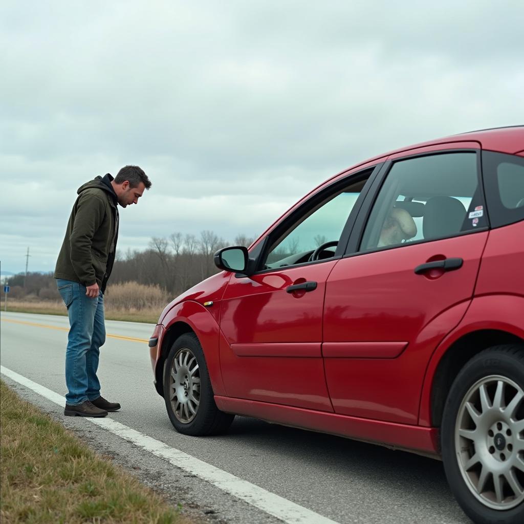 Car with a flat tire on the side of the road