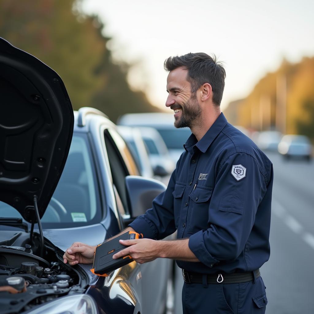 Roadside Assistance Technician Helping Driver