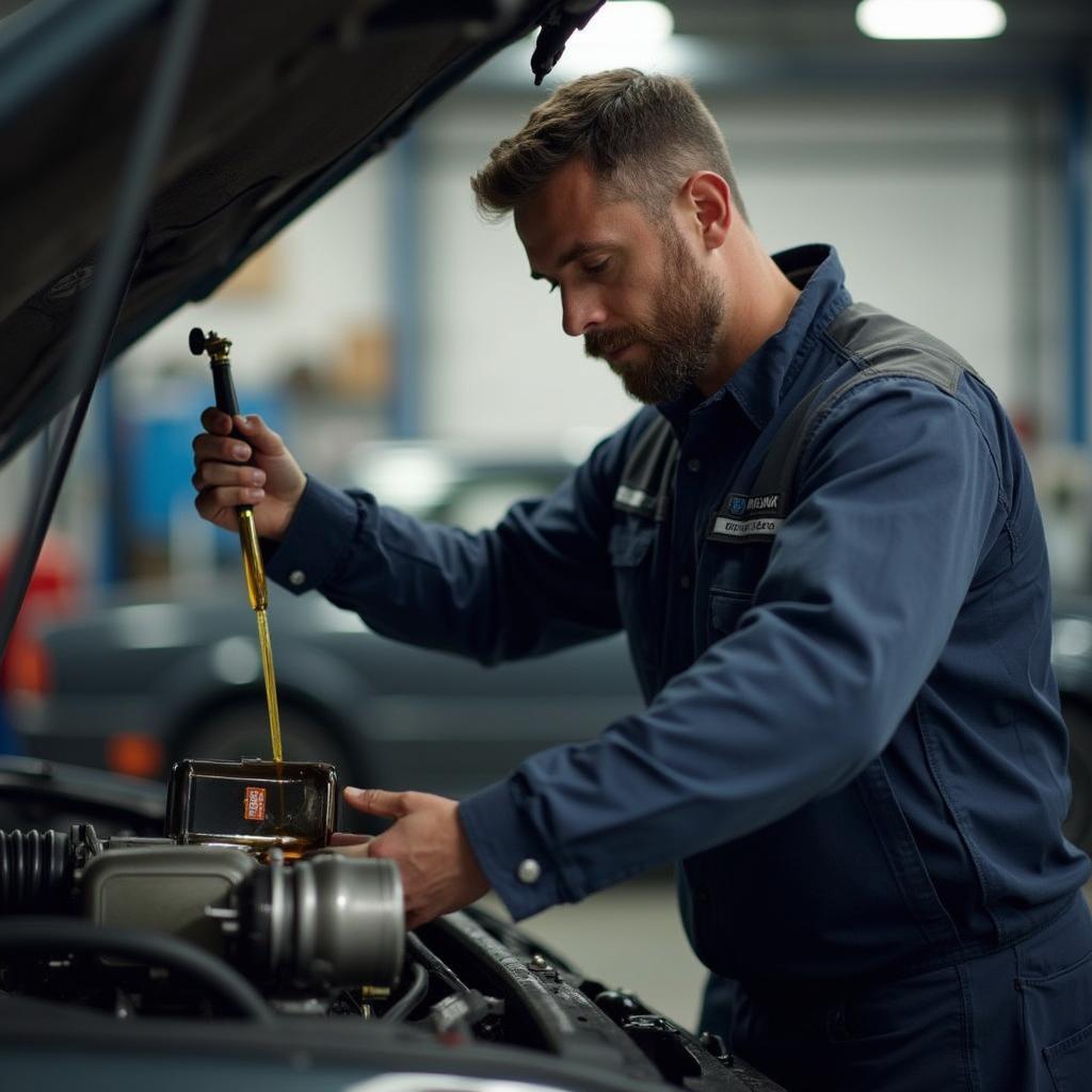 A mechanic performing routine car maintenance in a Wilmington auto service center