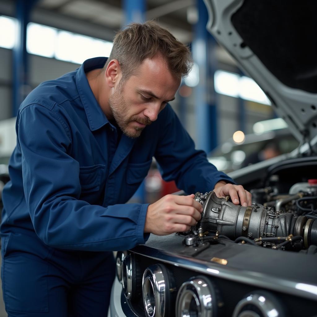 Mechanic in Rowville inspecting a car transmission