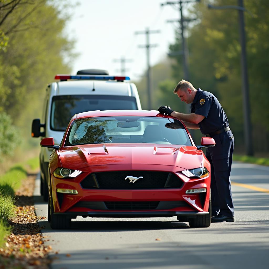 Car receiving roadside assistance on a rural road