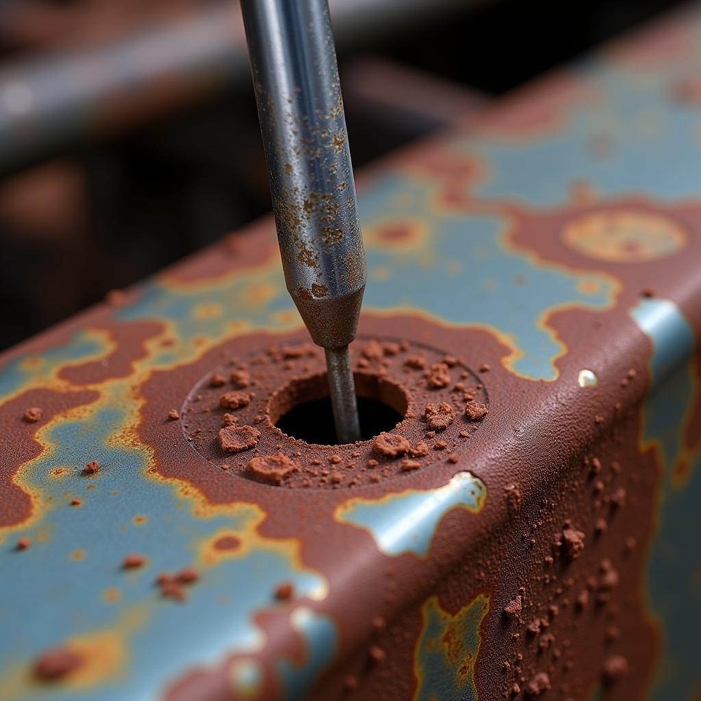 Screwdriver test on a rusted car frame