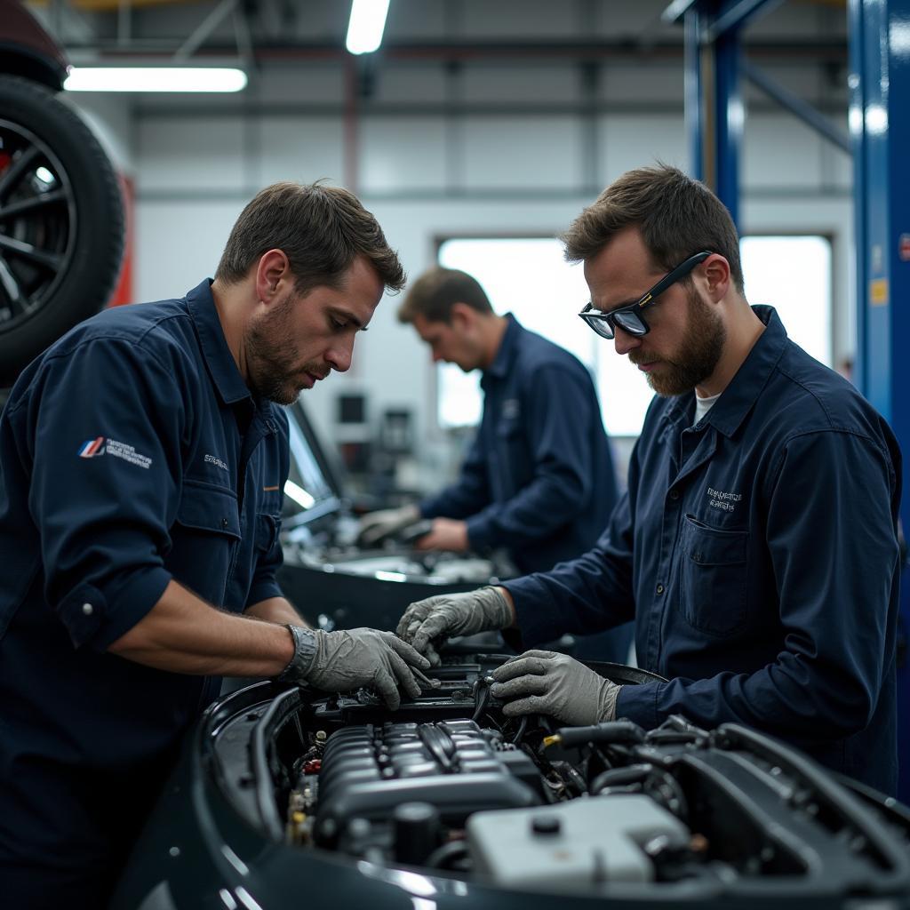 Skilled Technicians Working on a Car