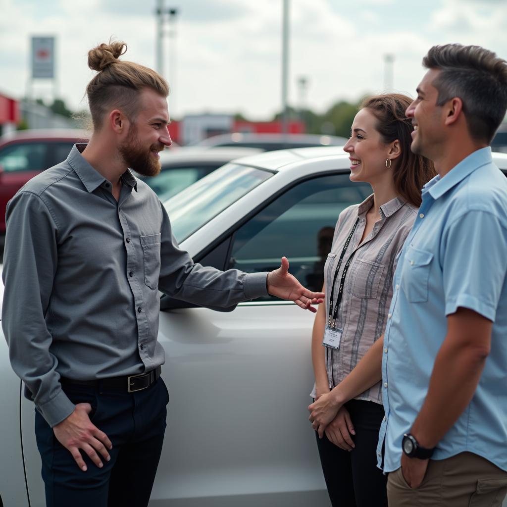 Salesperson assisting a couple in choosing a car