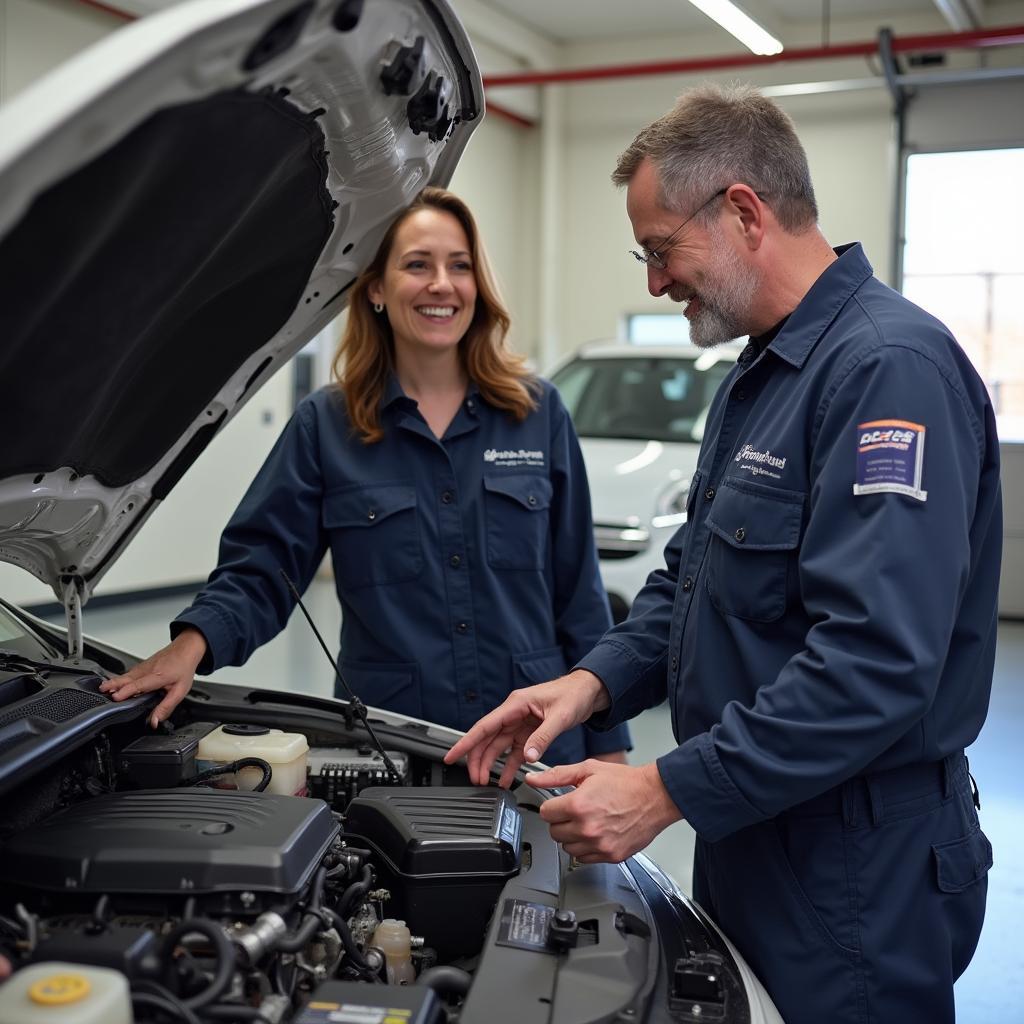 Mechanic explaining a car repair to a customer in Salida Colorado