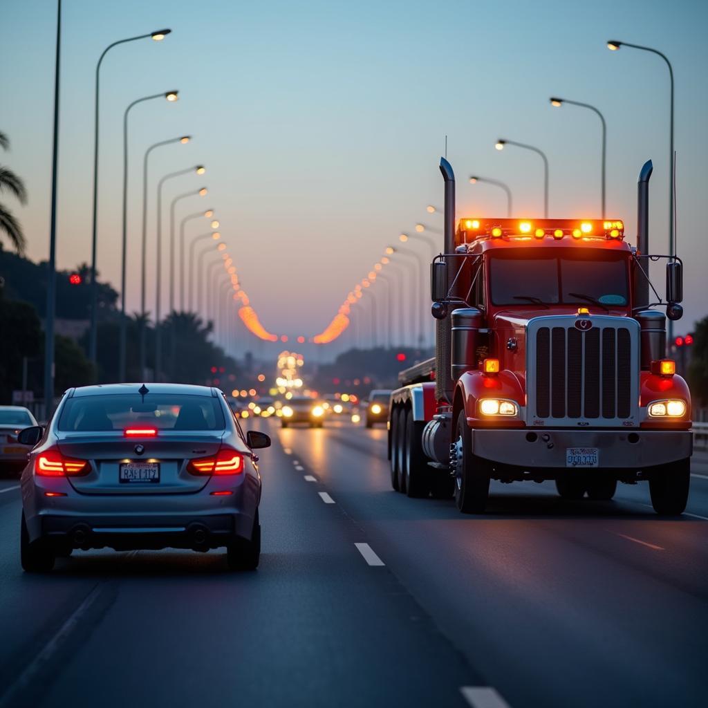 Tow truck assisting a car on a San Diego highway.