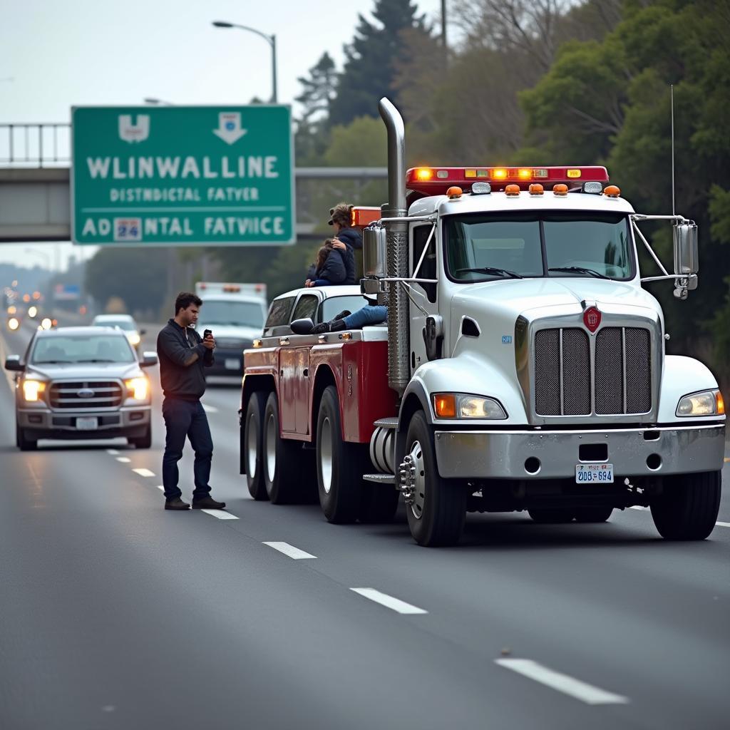 Tow truck assisting a car on a San Jose freeway