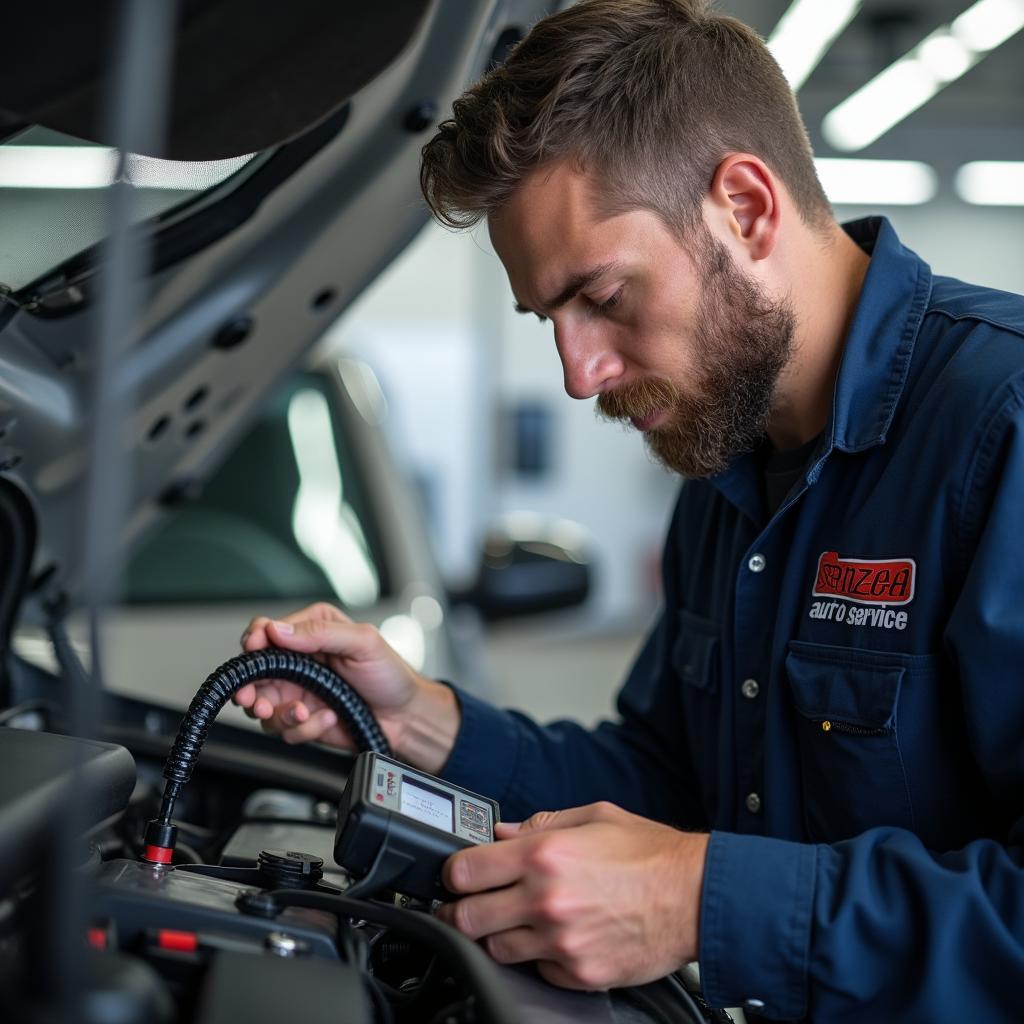 Skilled technician performing diagnostics at Sanchez Auto Service