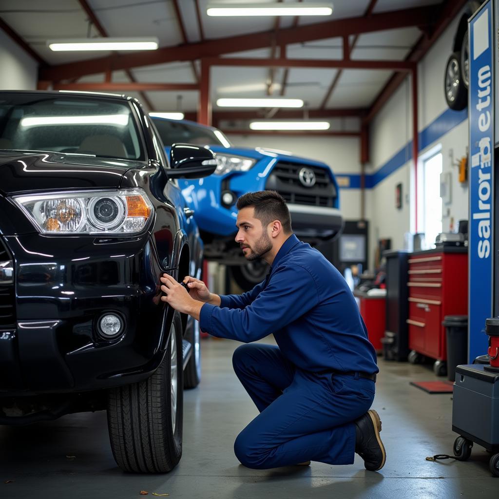 Mechanic inspecting a car in a modern auto repair shop in Santa Barbara