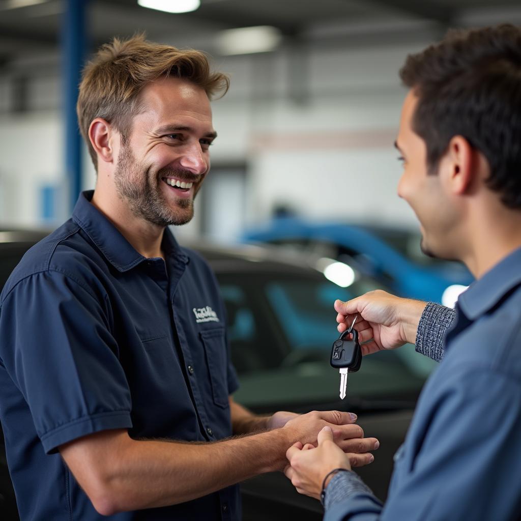 Satisfied customer receiving their car at an Akron auto service