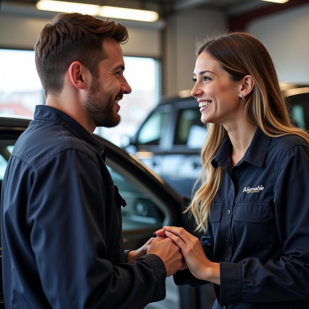 A satisfied customer receiving their car keys from a mechanic at an Alignable SB auto service