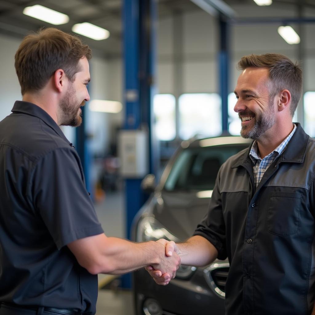 Smiling customer shaking hands with auto mechanic in Marysville