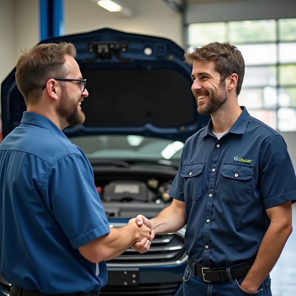 Satisfied customer shaking hands with car mechanic