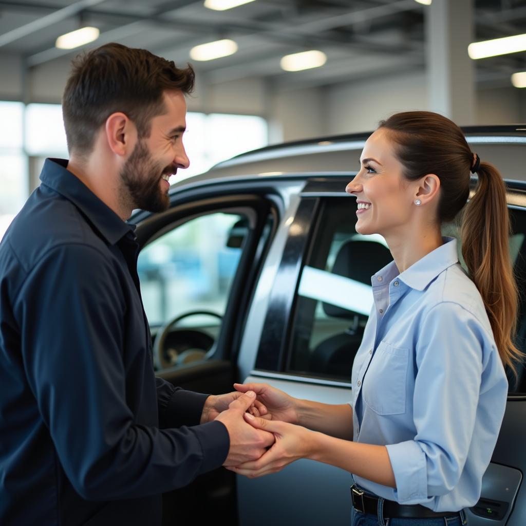 Happy Customer Receiving Car After Repair