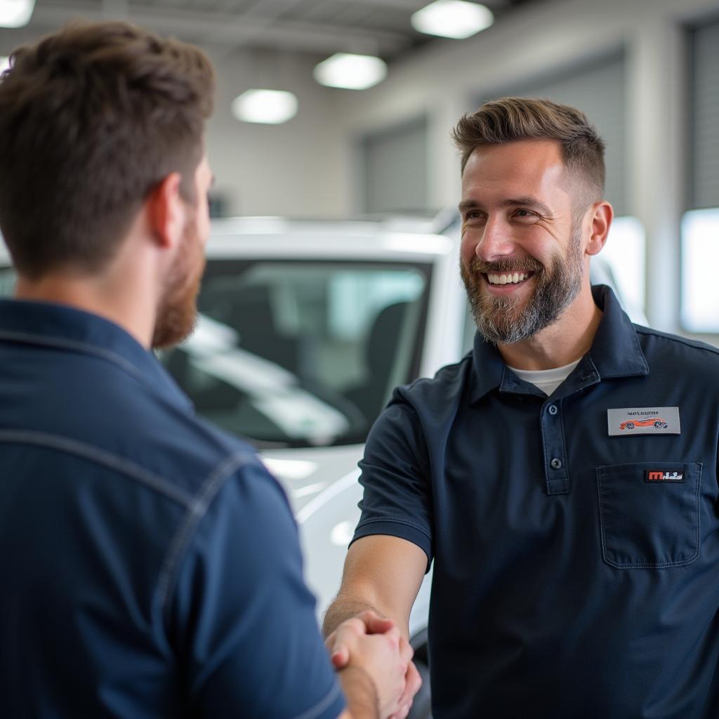 Happy customer shaking hands with MJS Auto Service representative