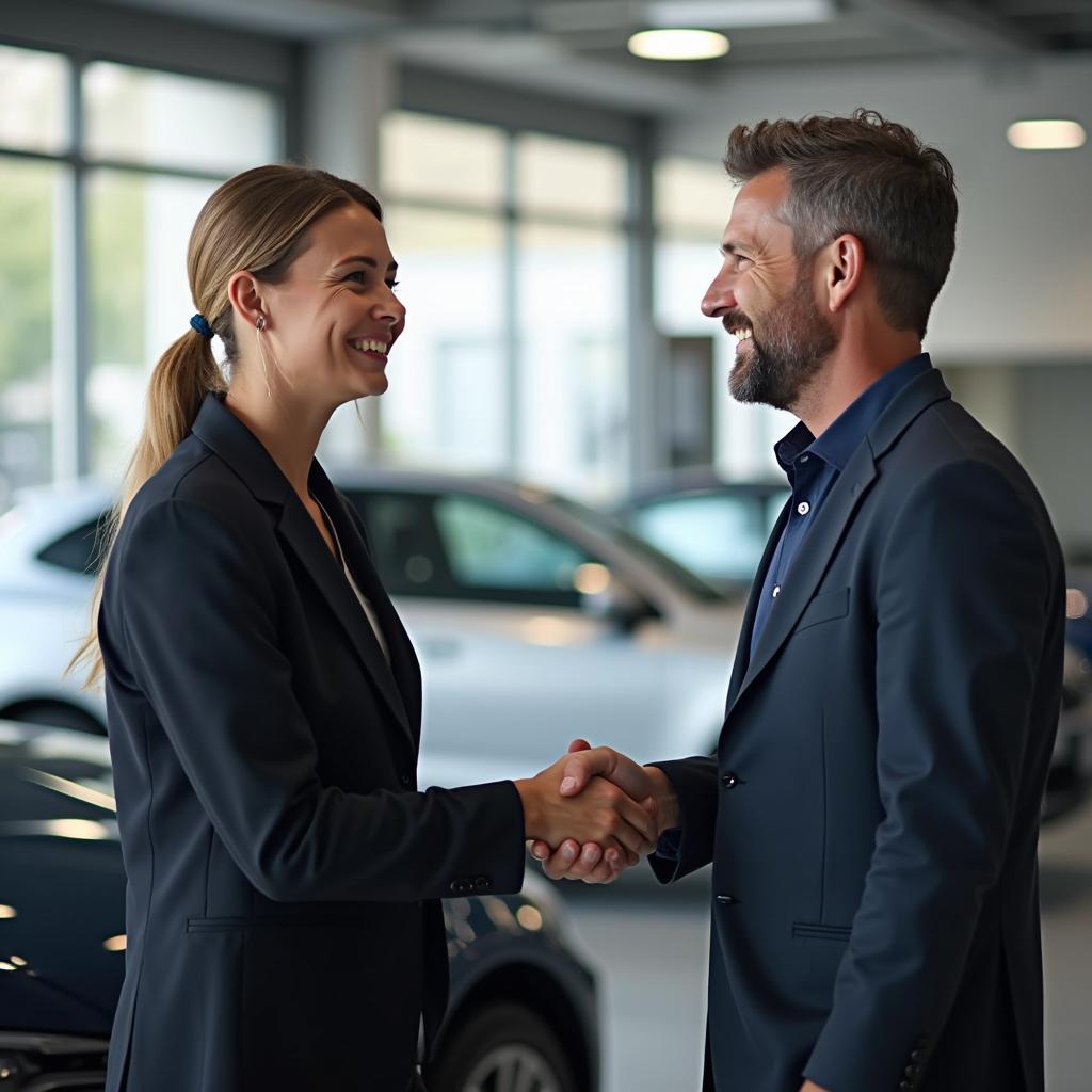 Satisfied Customer Picking Up Car at Service Center