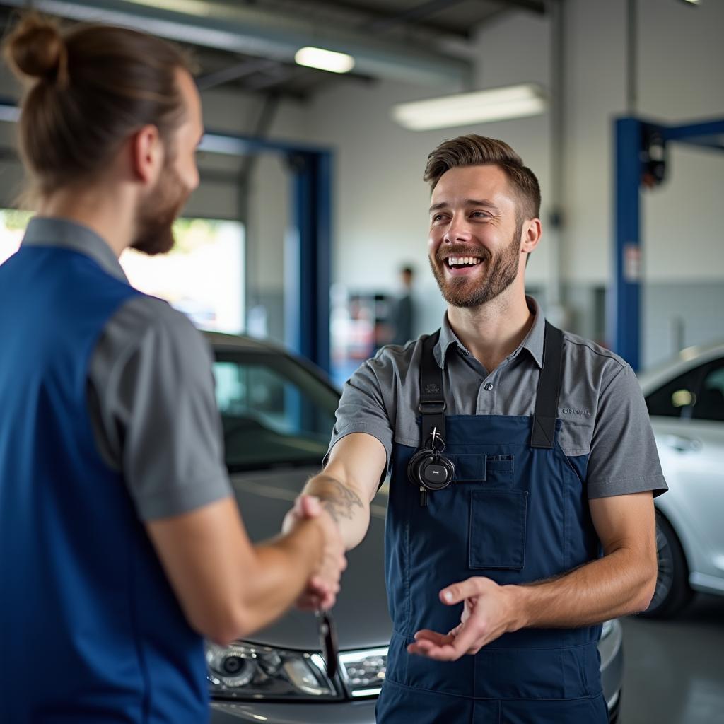  A smiling customer receives their car keys after auto service in Temecula 