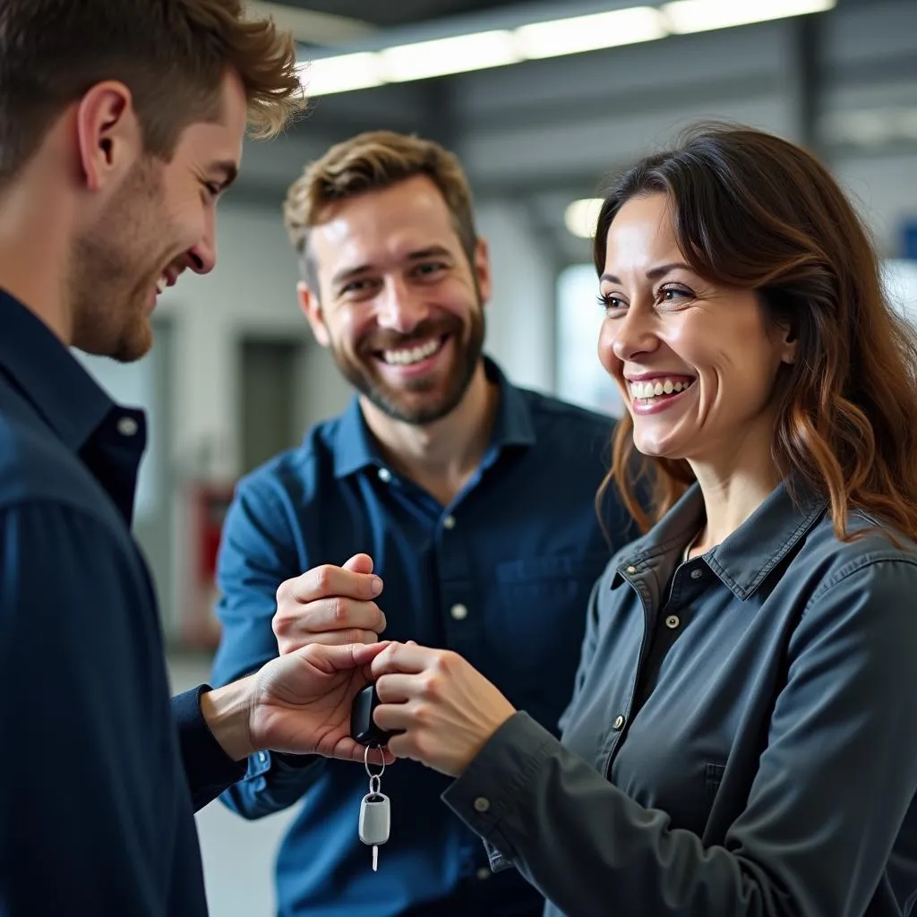 Satisfied customer receives car keys from mechanic