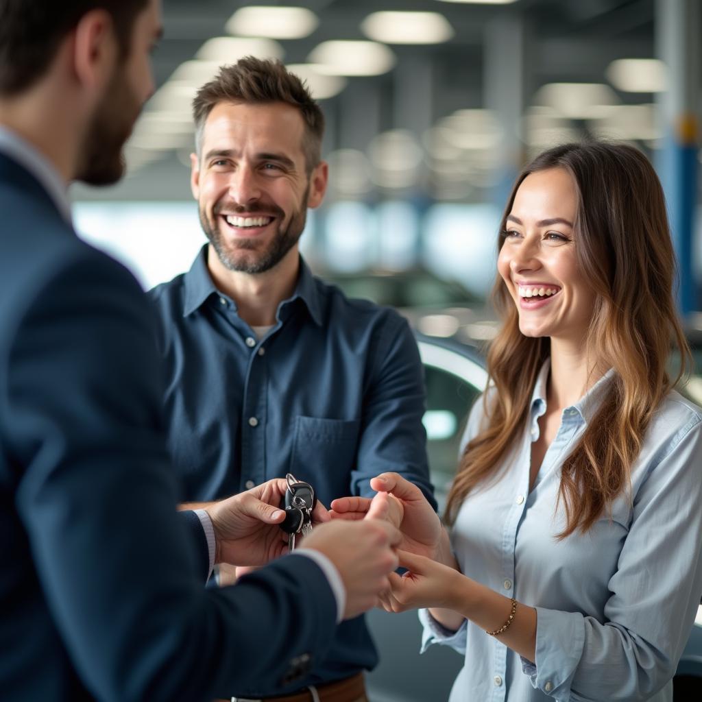 Happy Customer Receiving Car Keys from Auto Service Advisor