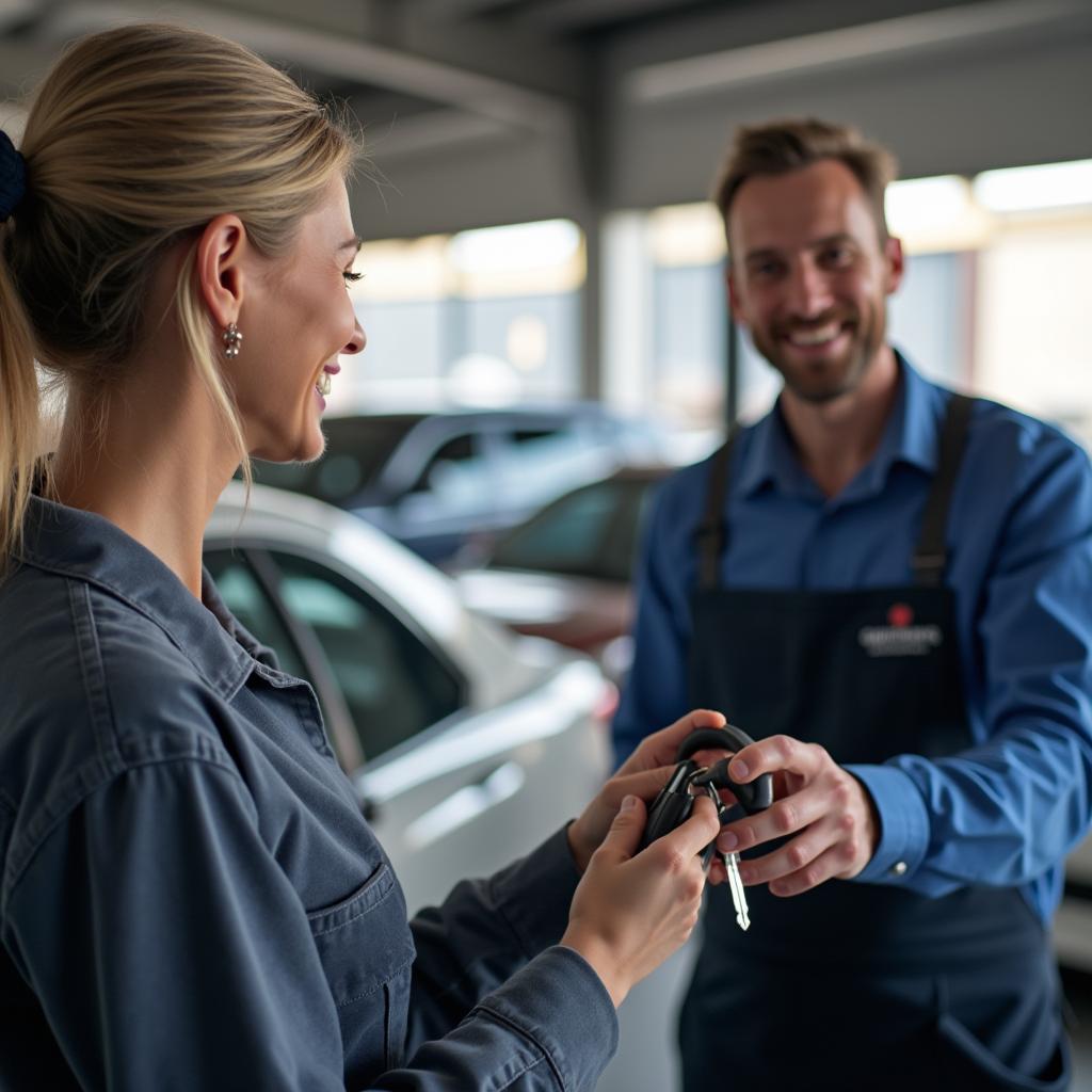 A satisfied customer receiving car keys from a mechanic