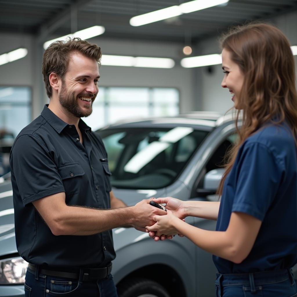 Satisfied Customer Receiving Car Keys after Auto Body Repair