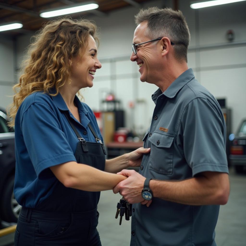 Happy customer receiving their car keys back from a mechanic