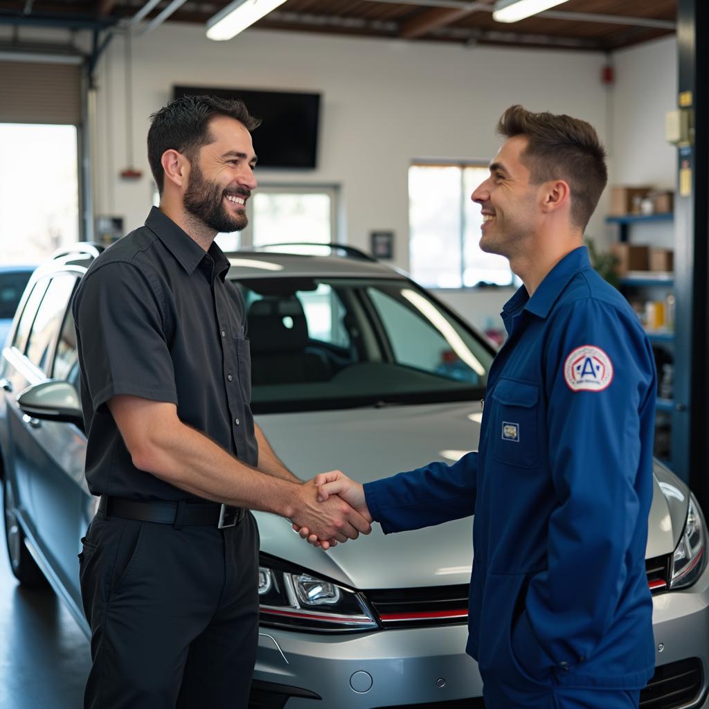 Satisfied customer shaking hands with a mechanic in San Pablo