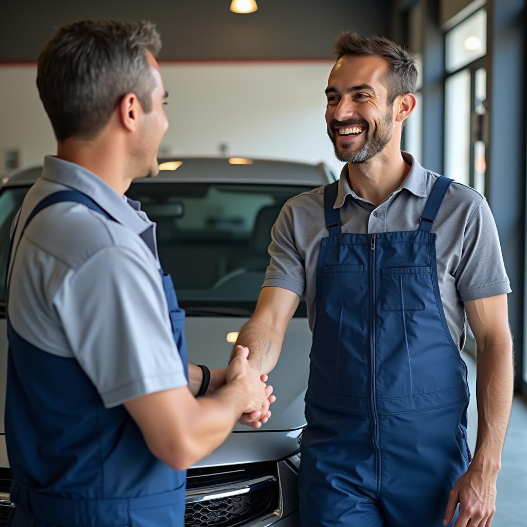 Happy customer shaking hands with a mechanic in Chambly