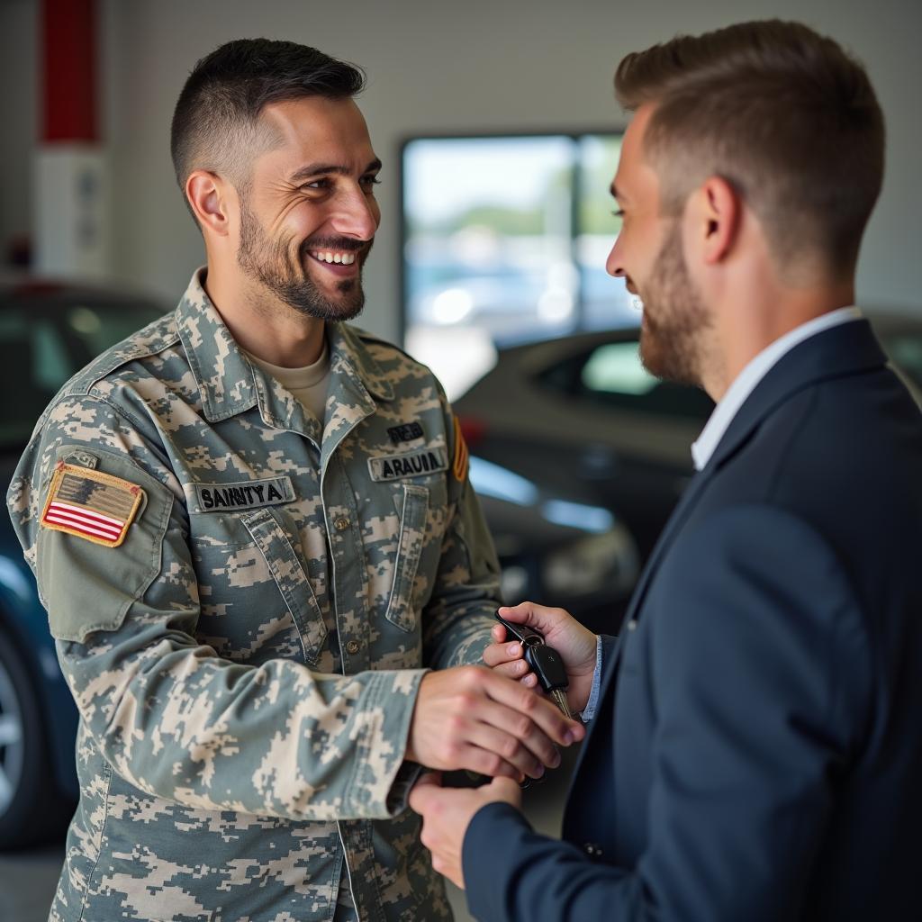 Happy military personnel receiving their repaired car keys