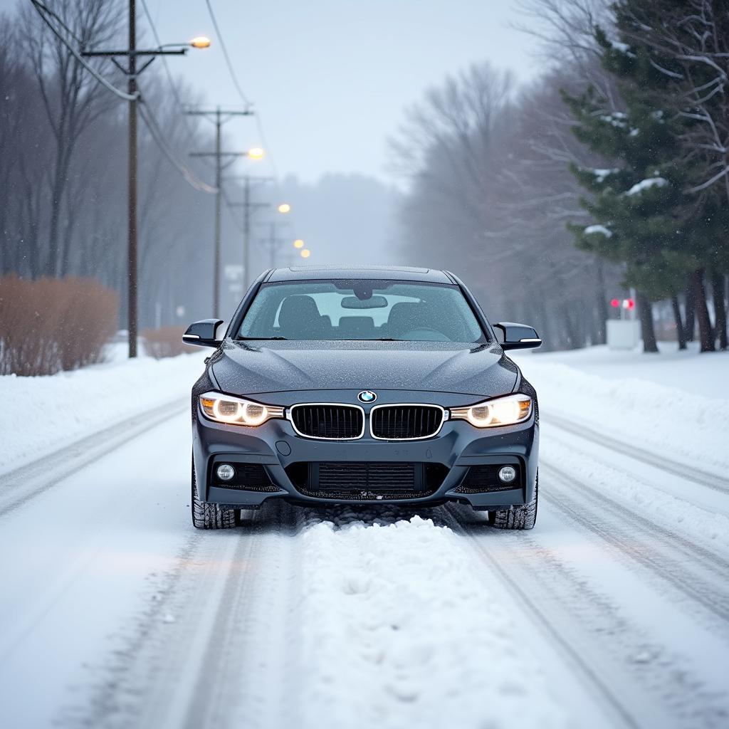 Car driving on a snowy Scarborough road