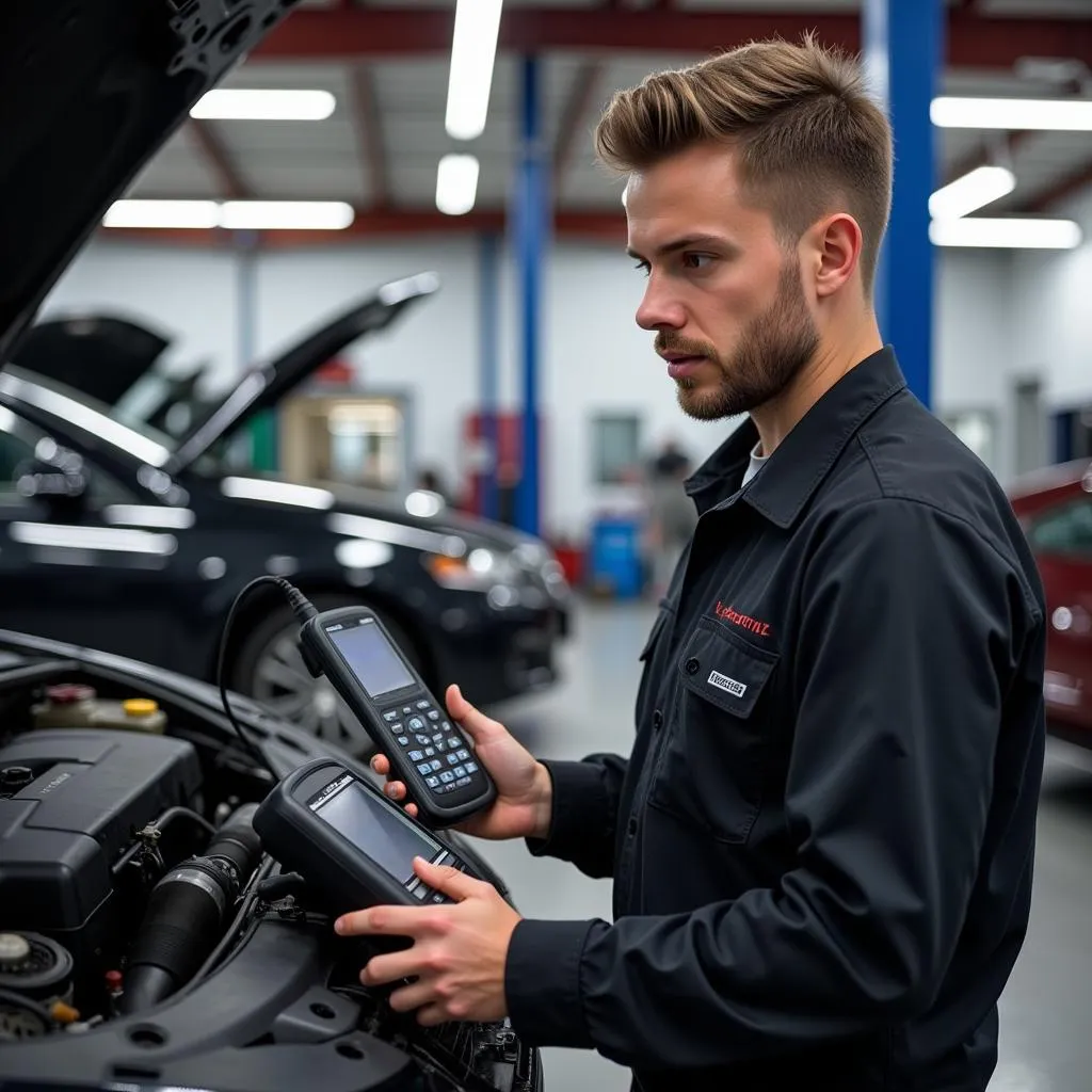 Skilled Schertz auto technicians using diagnostic equipment