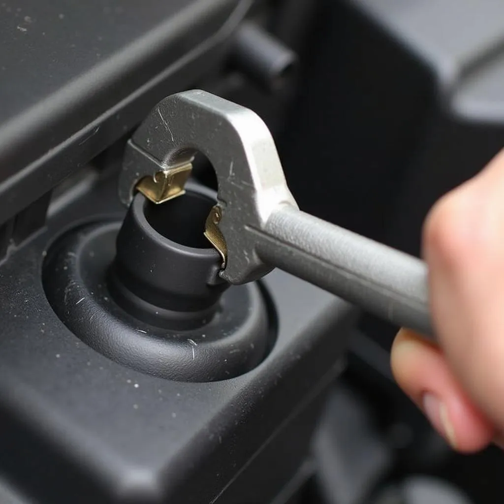 Mechanic sealing car AC service port.