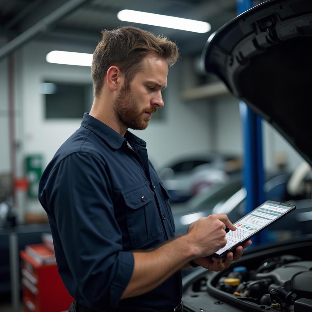 Mechanic using a tablet to search for an auto service station PDF