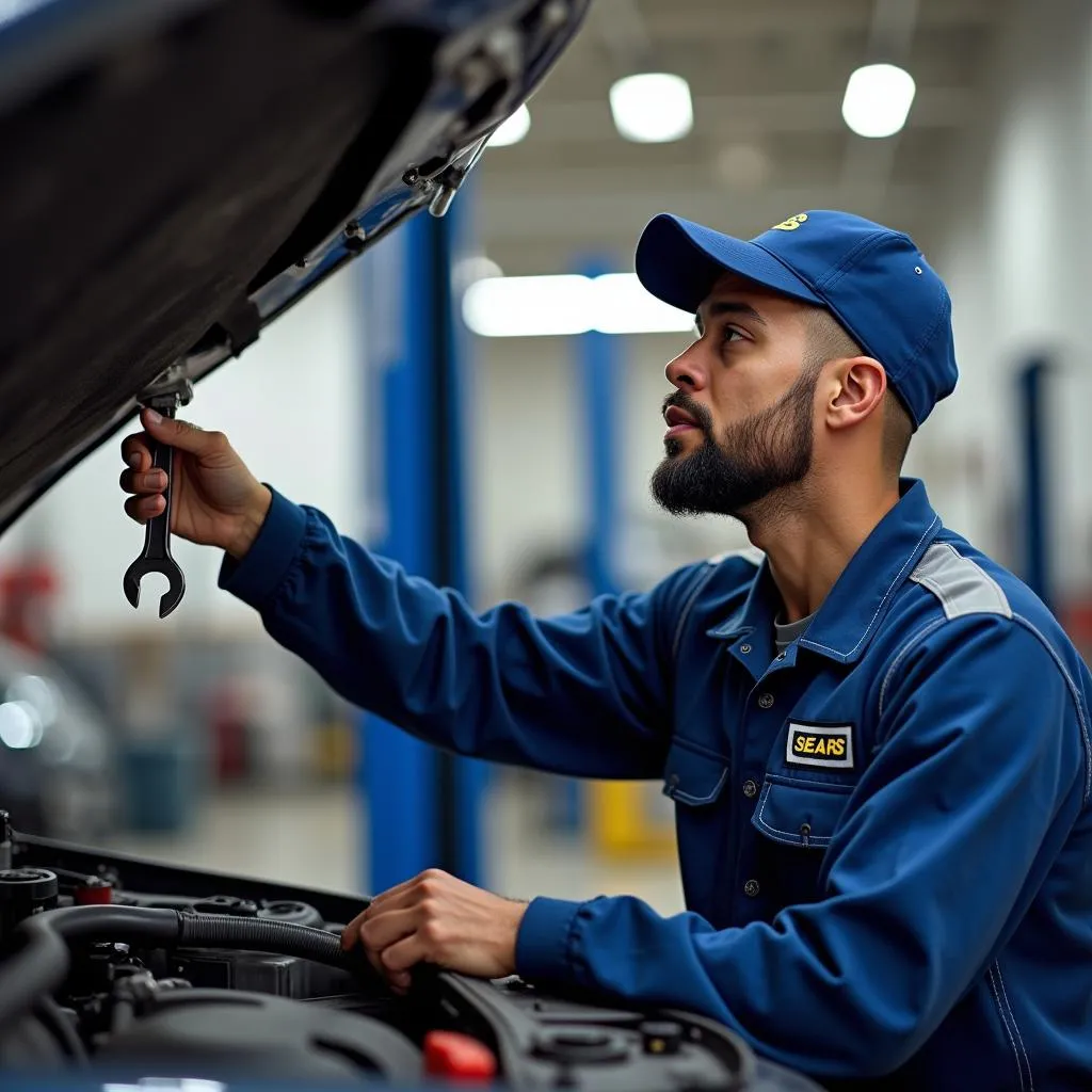 Mechanic working on a car in Sears Auto Center