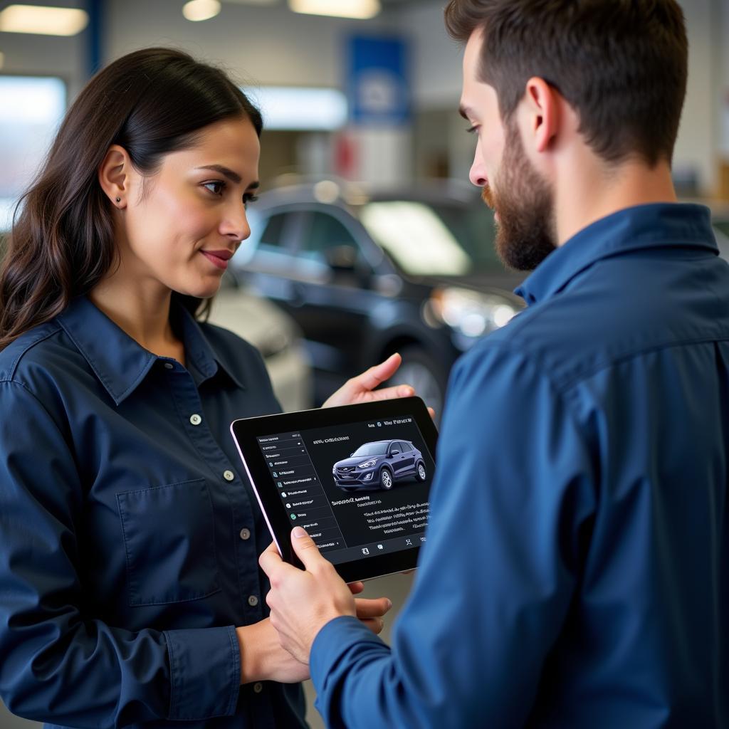 Service advisor using a digital tablet at the counter