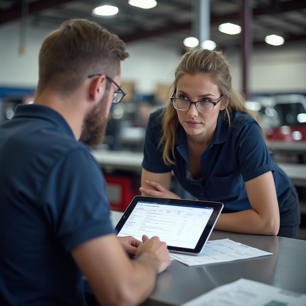 Service Writer Explaining Repair Order