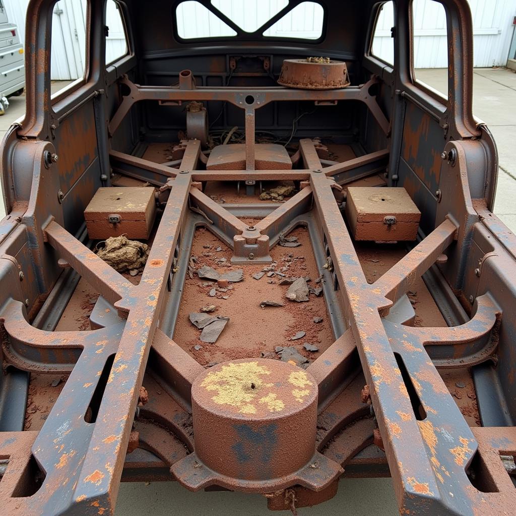 Severely rusted car frame beyond repair