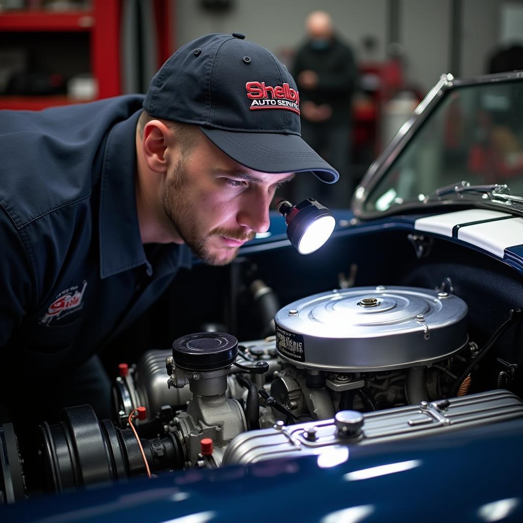 Experienced Shelby mechanic inspecting a classic Shelby engine