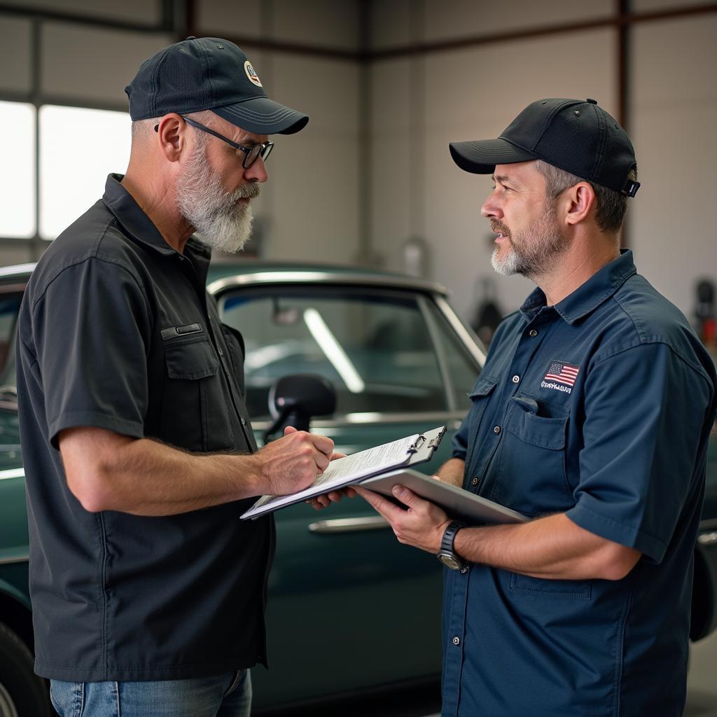 Shelby owner discussing their car with a mechanic