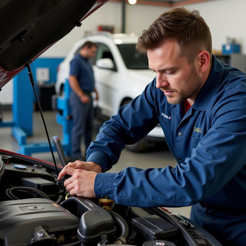 Skilled mechanic performing auto service on a car in Shelton